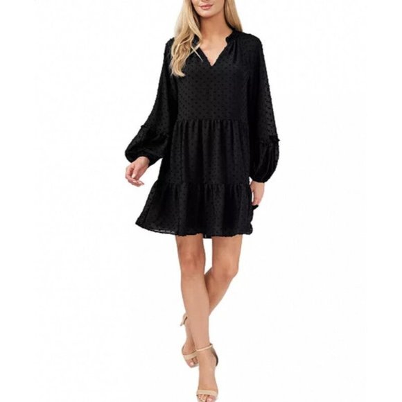CeCe Women's Clip Dot Ruffle Long Sleeve Shift Dress Rich Black Size S - Picture 1 of 6